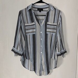 Fortune + Ivy Striped Tie Front 3/4 Sleeves V-Neck Causal Button Down Shirt M